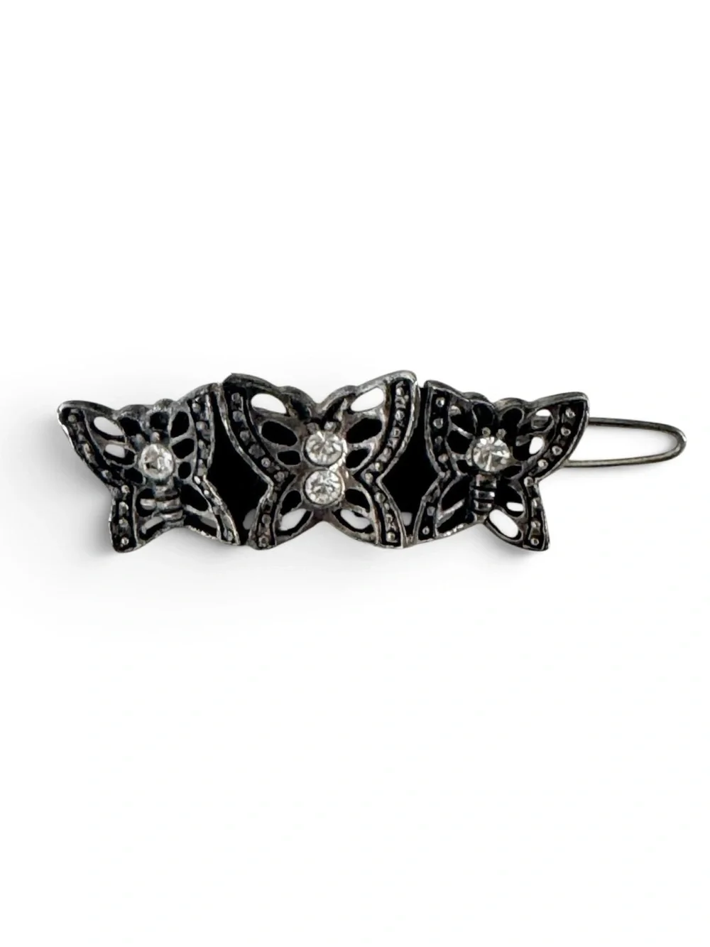 Vintage Filigree Triple Butterfly Antique Silver Metal Rhinestone Hair Barret